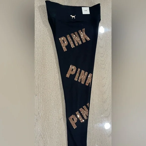 VS Pink Black Leggings with Gold Bling Sequin 'PINK'